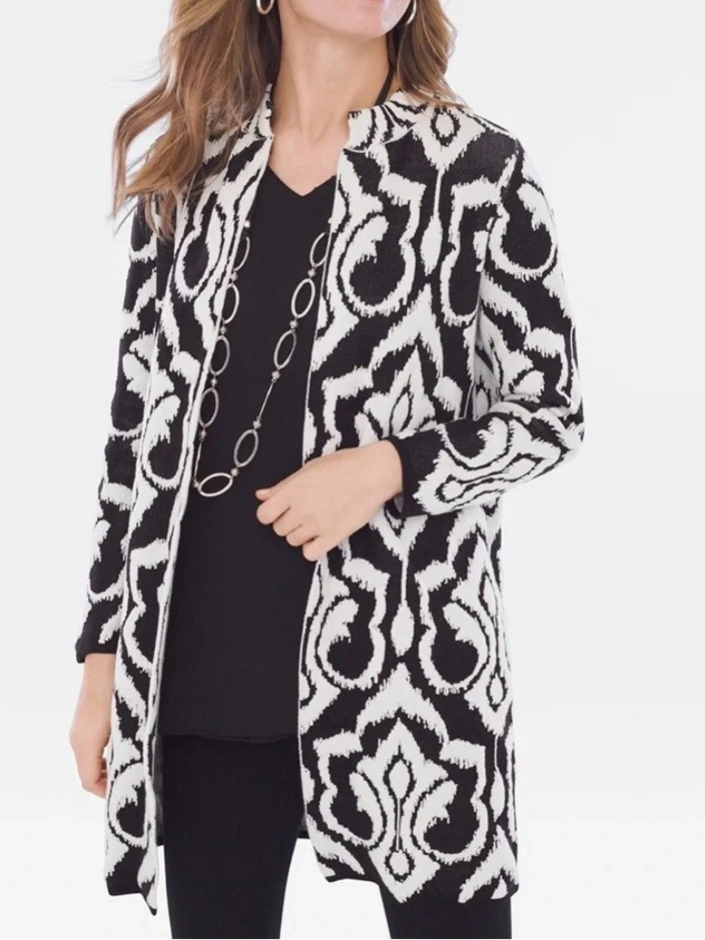 Chico's Black & White Graphic Knit Cardigan